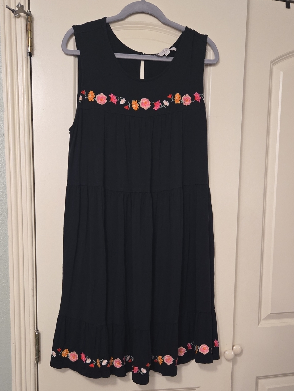 LOFT Black Sleeveless Dress with Pink & Orange Floral Embroidery